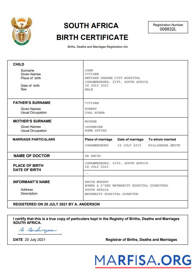 Blank South Africa vital record birth certificate Word and PDF template